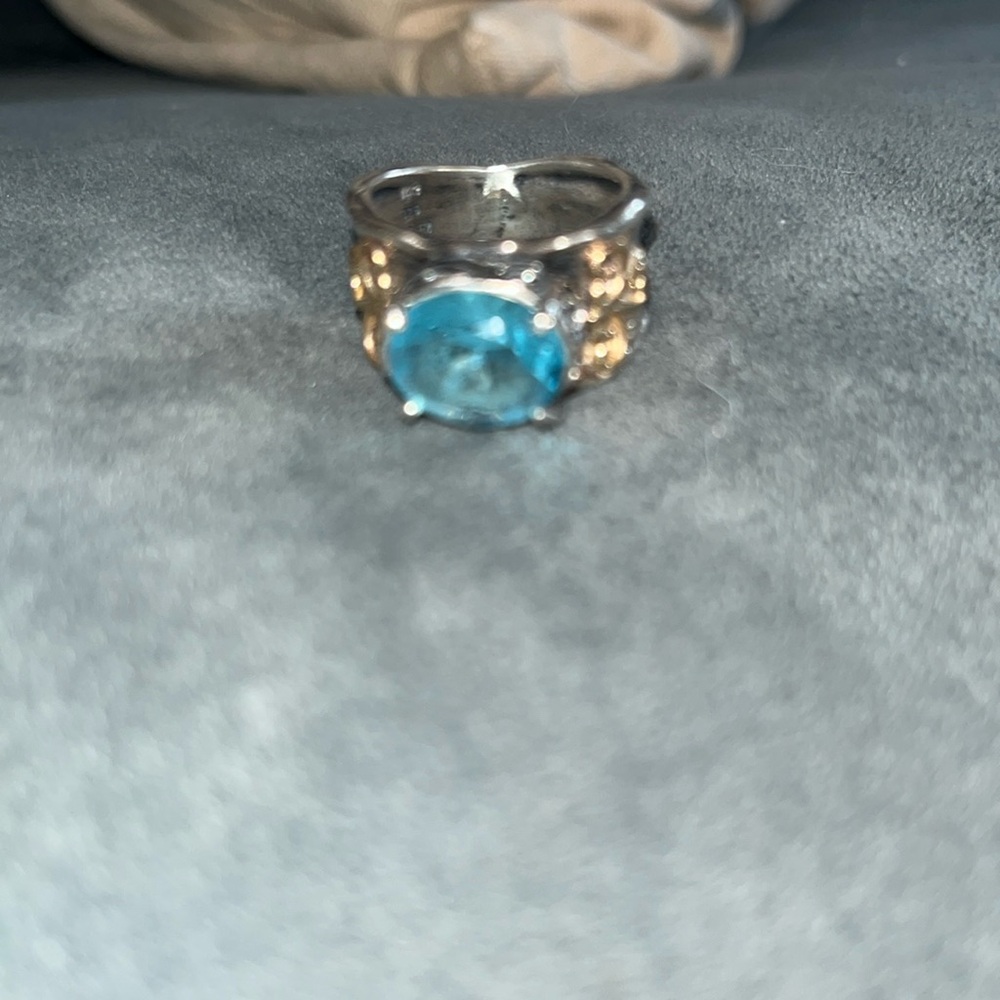 Sparkling Large Blue Topaz Silver Ring Sterling silver w 14 k gold $400 size 7